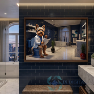 Where Dog Brilliance Happens Yves Yorkshire Terrier The Evening Edition anthropomorphic pet luxury fine art print, archival giclée, Ninth Digital Element