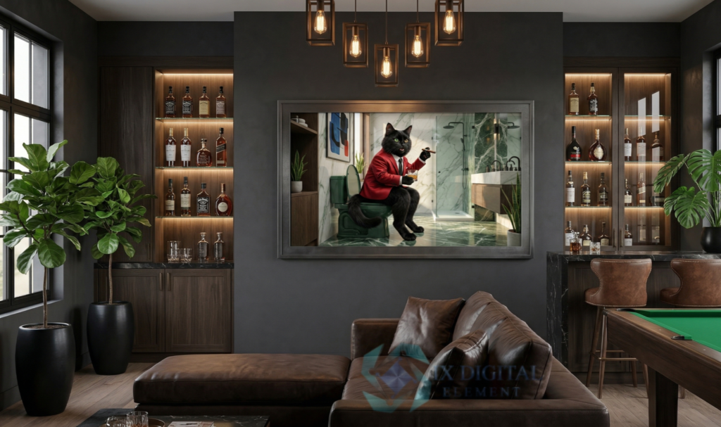 Where Cat Brilliance Happens Titus, Turkish Angora "The Scarlet Standard" anthropomorphic pet luxury fine art print, archival giclée, Ninth Digital Element