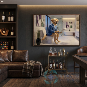 WHERE DOG BRILLIANCE HAPPENS GOLDWIN GOLDEN RETRIEVER THE MORNING CHRONICLE anthropomorphic pet luxury fine art print, archival giclée, Ninth Digital Element