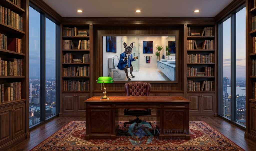 Where Dog Brilliance Happens Pascal, French Bulldog — "The Blue Standard" anthropomorphic pet luxury fine art print, archival giclée, Ninth Digital Element